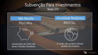 Subvenção Para Investimentos
Teses STJ
Não Receita
PIS/Cofins
Imunidade Recíproca
IRPJ/CSLL
Subvenções do ICMS não
seriam receitas tributáveis
A União não poderia tributar
receitas dos Estados
 