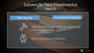 Subvenção Para Investimentos
Teses STJ
Não Receita Imunidade Recíproca
Não vinculam o conceito de subvenção
para investimentos
Efeito Econômico Definitivo
 