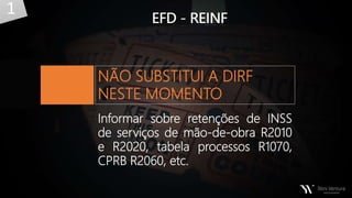 Informar sobre retenções de INSS
de serviços de mão-de-obra R2010
e R2020, tabela processos R1070,
CPRB R2060, etc.
NÃO SUBSTITUI A DIRF
NESTE MOMENTO
1
 