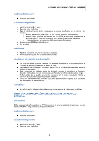 AYUDAS Y SUBVENCIONES PARA LAS EMPRESAS


Instrumento financiero

        Préstamo participativo

Características generales

        Vencimiento: entre 5 y 9 años.
        Carencia: entre 3 y 7 años.
        Tipo de interés en función de los resultados de la empresa beneficiaria, con un mínimo y un
        máximo:
             o Mínimo: determinado por Euribor a un año +0,75%, pagadero trimestralmente.
             o Máximo: hasta 6 puntos porcentuales, en función de la rentabilidad financiera de la
                 empresa (RAI/FP), pagadero anualmente sobre la base de las cuentas aprobadas.
             o Todos los intereses son deducibles del Impuesto sobre Sociedades.
        Importe: entre 100.000 y 1.500.000 euros.
        Sin garantías.

Comisiones

        Apertura: equivalente al 0,5% del importe del préstamo.
        Amortización anticipada: 2% de la cantidad amortizada.

Condiciones para acceder a la financiación

        Ser PYME con forma societaria, conforme a la definición establecida en la Recomendación de la
        Comisión de la Unión Europea de 6 de agosto de 2008.
        La financiación de ENISA estará vinculada a aportaciones en forma de recursos propios por parte
        de inversores privados.
        Estar enmarcada en cualquier sector de actividad, excepto el inmobiliario y financiero.
        Calidad y viabilidad del proyecto empresarial, que ofrecerá una rentabilidad adecuada al riesgo.
        Profesionalidad de la gestión: experiencia empresarial en el sector, capacitación técnica y
        cobertura de todas las áreas gerenciales de la empresa.
        Contar con estados financieros auditados y/o cuentas depositadas en el registro, en el caso de no
        ser una empresa de nueva creación.

Tramitación

        A través de las Sociedades de Capital Riesgo que tengan acuerdo de colaboración con ENISA.


LÍNEA DE COFINANCIACIÓN CON AGENCIAS DE DESARROLLO
REGIONAL

Beneficiarios

ENISA proporcionará cofinanciación a las PYME innovadoras de la comunidad autónoma con cuya agencia
de desarrollo ENISA tenga suscrito Acuerdo de Colaboración.

Instrumento financiero

        Préstamo participativo

Características generales

        Vencimiento: entre 5 y 9 años.
        Carencia: entre 3 y 7 años.




                                                   9
 