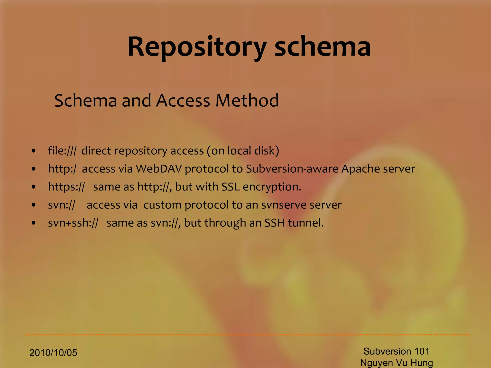 Repository schema Schema and Access Method file:///  direct repository access (on local disk) http:/  access via WebDAV protocol to Subversion-aware Apache server https://  same as http://, but with SSL encryption. svn://   access via  custom protocol to an svnserve server svn+ssh://  same as svn://, but through an SSH tunnel. 2010/10/05 Subversion 101 Nguyen Vu Hung 