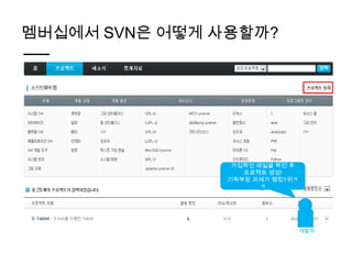 멤버십에서 SVN은 어떻게 사용할까?




                 가입확인 메일을 확인 후
                   프로젝트 생성!
                기획부장 과제가 랭킹1위ㅋ
                       ㅋ




                                 개발자
 