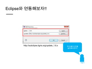 Eclipse와 연동해보자!!




       http://subclipse.tigris.org/update_1.6.x   우선 플러그인을
                                                  설치해야겠지?




                                                             개발자
 