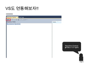 VS도 연동해보자!!




              Repository Explorer
              클릭해서 지구+클릭!




                                    개발자
 