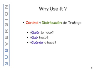 Why Use It ?

●   Control y Distribución de Trabajo

    ●   ¿Quién lo hace?
    ●   ¿Qué hace?
    ●   ¿Cuándo lo hace?




                                        11
 