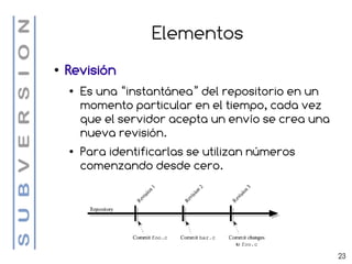 Elementos
●   Revisión
    ●   Es una “instantánea” del repositorio en un
        momento particular en el tiempo, cada vez
        que el servidor acepta un envío se crea una
        nueva revisión.
    ●   Para identificarlas se utilizan números
        comenzando desde cero.




                                                      23
 