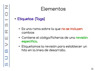 Elementos
●   Etiquetas (Tags)

    ●   Es una rama sobre la que no se incluyen
        cambios
    ●   Contiene el código/ficheros de una revisión
        especifica.
    ●   Etiquetamos la revisión para establecer un
        hito en la linea de desarrollo.




                                                      25
 