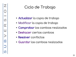 Ciclo de Trabajo

●   Actualizar la copia de trabajo
●   Modificar la copia de trabajo
●   Comprobar los cambios realizados
●   Deshacer ciertos cambios
●   Resolver conflictos
●   Guardar los cambios realizados



                                       33
 