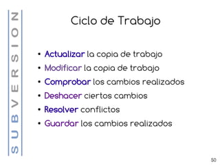 Ciclo de Trabajo

●   Actualizar la copia de trabajo
●   Modificar la copia de trabajo
●   Comprobar los cambios realizados
●   Deshacer ciertos cambios
●   Resolver conflictos
●   Guardar los cambios realizados


                                       50
 
