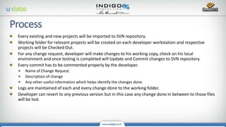 Every existing and new projects will be imported to SVN repository.
Working folder for relevant projects will be created on each developer workstation and respective
projects will be Checked Out.
For any change request, developer will make changes to his working copy, check on his local
environment and once testing is completed will Update and Commit changes to SVN repository.
Every commit has to be commented properly by the developer.
Name of Change Request.
Description of change
Any other useful information which helps identify the changes done.
Logs are maintained of each and every change done to the working folder.
Developer can revert to any previous version but in this case any change done in between to those files
will be lost.
 