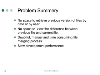 Problem Summery No space to retrieve previous version of files by date or by user. No space to  view the difference between previous file and current file. Doubtful, manual and time consuming file merging process. Slow development performance. 
