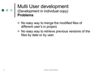 Multi User development (Development in individual copy) Problems No easy way to merge the modified files of different user’s in project. No easy way to retrieve previous versions of the files by date or by user. 