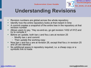 Understanding Revisions Revision numbers are global across the whole repository Identify how the entire repository looks at that instant in time A commit creates a snapshot of the entire tree in the repository at that revision number Allows users to say, “Hey so-and-so, go get revision 1432 of XYZ and try to compile it.” Before an update, both bar.c and foo.c are at revision 25 Modify bar.c and commit Then update the working copy Now bar.c and foo.c are at revision 26, except that foo.c in revision 25 and 26 are identical No additional space in repository required, i.e. a cheap copy or a symbolic link is made www.intellibitz.com   [email_address] 