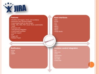 Features                                           Input interfaces
• Workflow with triggers, timers, and conditions   • Web
• Dashboard with reporting widgets                 • Email
• Customizable fields for each project             • CLI
• HTML, XML, RSS, PDF, Excel, Word, customizable   • GUI
  charts                                           • REST
• Enterprise wiki                                  • SOAP
• Test planning integration                        • Mylyn
• Customizable workflow                            • Visual Studio
• Unicode support
• SLA
• Plugin API
• Multiple Project




Notification                                       Revision control integration
• Email                                            • Git
• RSS                                              • Mercurial
• XMPP                                             • CVS
                                                   • Subversion
                                                   • Perforce
                                                   • AccuRev
                                                   • ClearCase
 