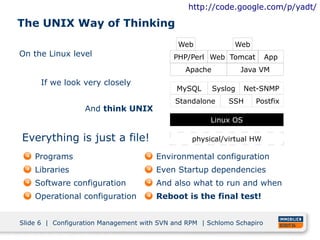 http://code.google.com/p/yadt/

The UNIX Way of Thinking
                                             Web             Web
On the Linux level                          PHP/Perl Web Tomcat          App
                                               Apache            Java VM
      If we look very closely
                                             MySQL      Syslog   Net-SNMP
                                            Standalone      SSH     Postfix
                  And think UNIX
                                                      Linux OS

Everything is just a file!                       physical/virtual HW

    Programs                           Environmental configuration
    Libraries                          Even Startup dependencies
    Software configuration             And also what to run and when
    Operational configuration          Reboot is the final test!


Slide 6 | Configuration Management with SVN and RPM | Schlomo Schapiro
 