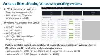 © 2017 Belden Inc. | belden.com | @BeldenInc 10
Vulnerabilities affecting Windows operating systems
• In 2015, numerous exploit kits
− Targeting unsupported OS
− And supported OS where
patches were available
• Windows 7 (supported thru 2020)
− CVE-2011-5046
− CVE-2010-4701
− CVE-2010-3227
− also affect Windows XP (no
longer supported)
• Publicly available exploit code exists for at least eight vulnerabilities in Windows Server
OS, widely used in production and plant environments.
− Windows server 2008 (Service Pack 1 and 2 supported to January 2020)
− Windows Server 2003 (support ended in July 2015)
 