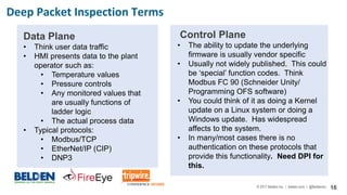 © 2017 Belden Inc. | belden.com | @BeldenInc 16
Deep Packet Inspection Terms
Control Plane
• The ability to update the underlying
firmware is usually vendor specific
• Usually not widely published. This could
be ‘special’ function codes. Think
Modbus FC 90 (Schneider Unity/
Programming OFS software)
• You could think of it as doing a Kernel
update on a Linux system or doing a
Windows update. Has widespread
affects to the system.
• In many/most cases there is no
authentication on these protocols that
provide this functionality. Need DPI for
this.
Data Plane
• Think user data traffic
• HMI presents data to the plant
operator such as:
• Temperature values
• Pressure controls
• Any monitored values that
are usually functions of
ladder logic
• The actual process data
• Typical protocols:
• Modbus/TCP
• EtherNet/IP (CIP)
• DNP3
 