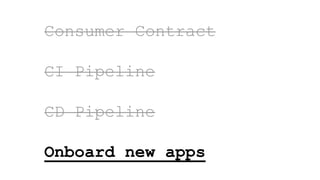 Consumer Contract
CI Pipeline
CD Pipeline
Onboard new apps
 