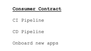 Consumer Contract
CI Pipeline
CD Pipeline
Onboard new apps
 