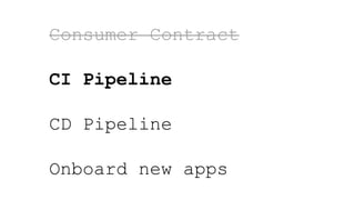 Consumer Contract
CI Pipeline
CD Pipeline
Onboard new apps
 