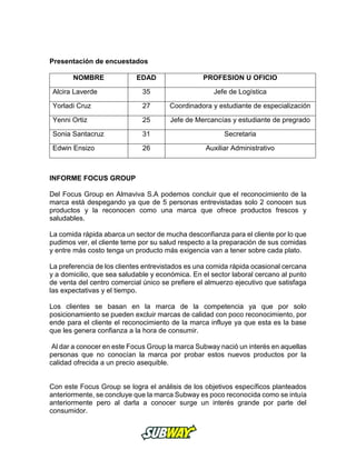 Presentación de encuestados
NOMBRE EDAD PROFESION U OFICIO
Alcira Laverde 35 Jefe de Logística
Yorladi Cruz 27 Coordinadora y estudiante de especialización
Yenni Ortiz 25 Jefe de Mercancías y estudiante de pregrado
Sonia Santacruz 31 Secretaria
Edwin Ensizo 26 Auxiliar Administrativo
INFORME FOCUS GROUP
Del Focus Group en Almaviva S.A podemos concluir que el reconocimiento de la
marca está despegando ya que de 5 personas entrevistadas solo 2 conocen sus
productos y la reconocen como una marca que ofrece productos frescos y
saludables.
La comida rápida abarca un sector de mucha desconfianza para el cliente por lo que
pudimos ver, el cliente teme por su salud respecto a la preparación de sus comidas
y entre más costo tenga un producto más exigencia van a tener sobre cada plato.
La preferencia de los clientes entrevistados es una comida rápida ocasional cercana
y a domicilio, que sea saludable y económica. En el sector laboral cercano al punto
de venta del centro comercial único se prefiere el almuerzo ejecutivo que satisfaga
las expectativas y el tiempo.
Los clientes se basan en la marca de la competencia ya que por solo
posicionamiento se pueden excluir marcas de calidad con poco reconocimiento, por
ende para el cliente el reconocimiento de la marca influye ya que esta es la base
que les genera confianza a la hora de consumir.
Al dar a conocer en este Focus Group la marca Subway nació un interés en aquellas
personas que no conocían la marca por probar estos nuevos productos por la
calidad ofrecida a un precio asequible.
Con este Focus Group se logra el análisis de los objetivos específicos planteados
anteriormente, se concluye que la marca Subway es poco reconocida como se intuía
anteriormente pero al darla a conocer surge un interés grande por parte del
consumidor.
 