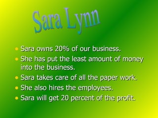 Sara owns 20% of our business. She has put the least amount of money into the business. Sara takes care of all the paper work.  She also hires the employees. Sara will get 20 percent of the profit. Sara Lynn 