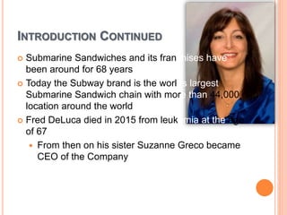 INTRODUCTION CONTINUED
 Submarine Sandwiches and its franchises have
been around for 68 years
 Today the Subway brand is the worlds largest
Submarine Sandwich chain with more than 44,000
location around the world
 Fred DeLuca died in 2015 from leukemia at the age
of 67
 From then on his sister Suzanne Greco became
CEO of the Company
 