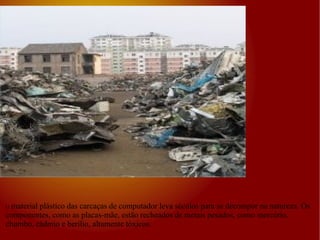 O  material plástico das carcaças de computador leva séculos para se decompor na natureza. Os componentes, como as placas-mãe, estão recheados de metais pesados, como mercúrio, chumbo, cádmio e berílio, altamente tóxicos. 
