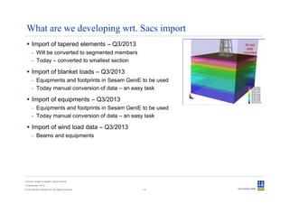 What are we developing wrt. Sacs import
      Import of tapered elements – Q3/2013
      - Will be converted to segmented members
      - Today – converted to smallest section

      Import of blanket loads – Q3/2013
      - Equipments and footprints in Sesam GeniE to be used
      - Today manual conversion of data – an easy task

      Import of equipments – Q3/2013
      - Equipments and footprints in Sesam GeniE to be used
      - Today manual conversion of data – an easy task

      Import of wind load data – Q3/2013
      - Beams and equipments




Convert model to Sesam GeniE format
3 December 2012
© Det Norske Veritas AS. All rights reserved.    14
 