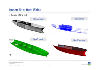Import lines from Rhino
      Details of the hull
                                                Rhino model         GeniE lines




                                                GeniE mesh
                                                                   GeniE surface




Convert model to Sesam GeniE format
3 December 2012
© Det Norske Veritas AS. All rights reserved.                 39
 