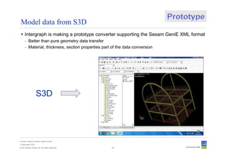 Model data from S3D
      Intergraph is making a prototype converter supporting the Sesam GeniE XML format
      - Better than pure geometry data transfer
      - Material, thickness, section properties part of the data conversion




                   S3D




Convert model to Sesam GeniE format
3 December 2012
© Det Norske Veritas AS. All rights reserved.        55
 