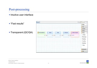 Post-processing
      Intuitive user interface


      “Fast results”


      Transparent (QC/QA)




Sima for marine operations
5 November 2012
© Det Norske Veritas AS. All rights reserved.   12
 