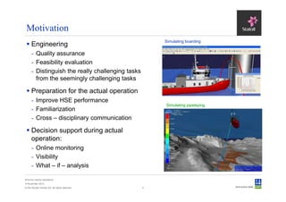 Motivation
                                                       Simulating boarding
      Engineering
      - Quality assurance
      - Feasibility evaluation
      - Distinguish the really challenging tasks
        from the seemingly challenging tasks

      Preparation for the actual operation
      - Improve HSE performance
                                                       Simulating pipelaying
      - Familiarization
      - Cross – disciplinary communication

      Decision support during actual
      operation:
      - Online monitoring
      - Visibility
      - What – if – analysis

Sima for marine operations
5 November 2012
© Det Norske Veritas AS. All rights reserved.      4
 