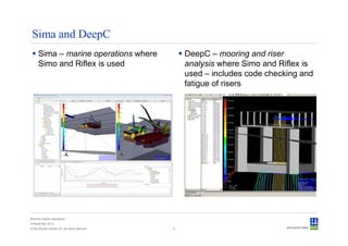 Sima and DeepC
      Sima – marine operations where                DeepC – mooring and riser
      Simo and Riflex is used                       analysis where Simo and Riflex is
                                                    used – includes code checking and
                                                    fatigue of risers




Sima for marine operations
5 November 2012
© Det Norske Veritas AS. All rights reserved.   5
 
