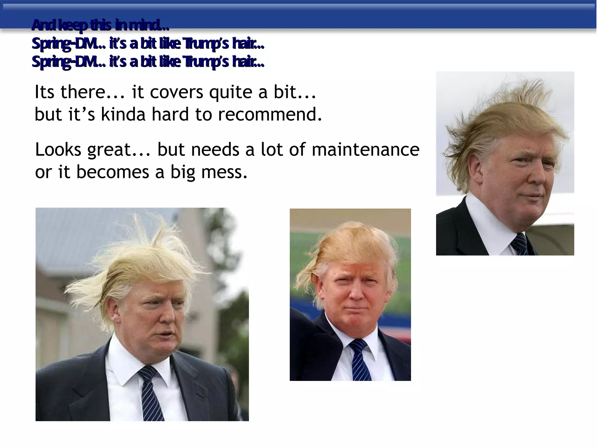 And keep this in mind...
Spring-DM... it’s a bit like Trump’s hair...
Spring-DM... it’s a bit like Trump’s hair...

Its there... it covers quite a bit...
but it’s kinda hard to recommend.
Looks great... but needs a lot of maintenance
or it becomes a big mess.
 