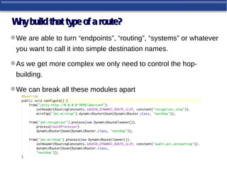 W build that type of a route?
 hy
 We are able to turn “endpoints”, “routing”, “systems” or whatever
 you want to call it into simple destination names.

 As we get more complex we only need to control the hop-
 building.

 We can break all these modules apart
 