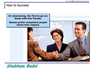 Shubham Badal
How to Succeed
On downsizing, the first to go are
those with few friends.
Bosses prefer competent people
whom they respect.
1 2 3 4 5 6 7 8 9 10 11 12 13 14 15
 