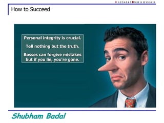 Shubham Badal
How to Succeed
Personal integrity is crucial.
Tell nothing but the truth.
Bosses can forgive mistakes
but if you lie, you're gone.
1 2 3 4 5 6 7 8 9 10 11 12 13 14 15
 