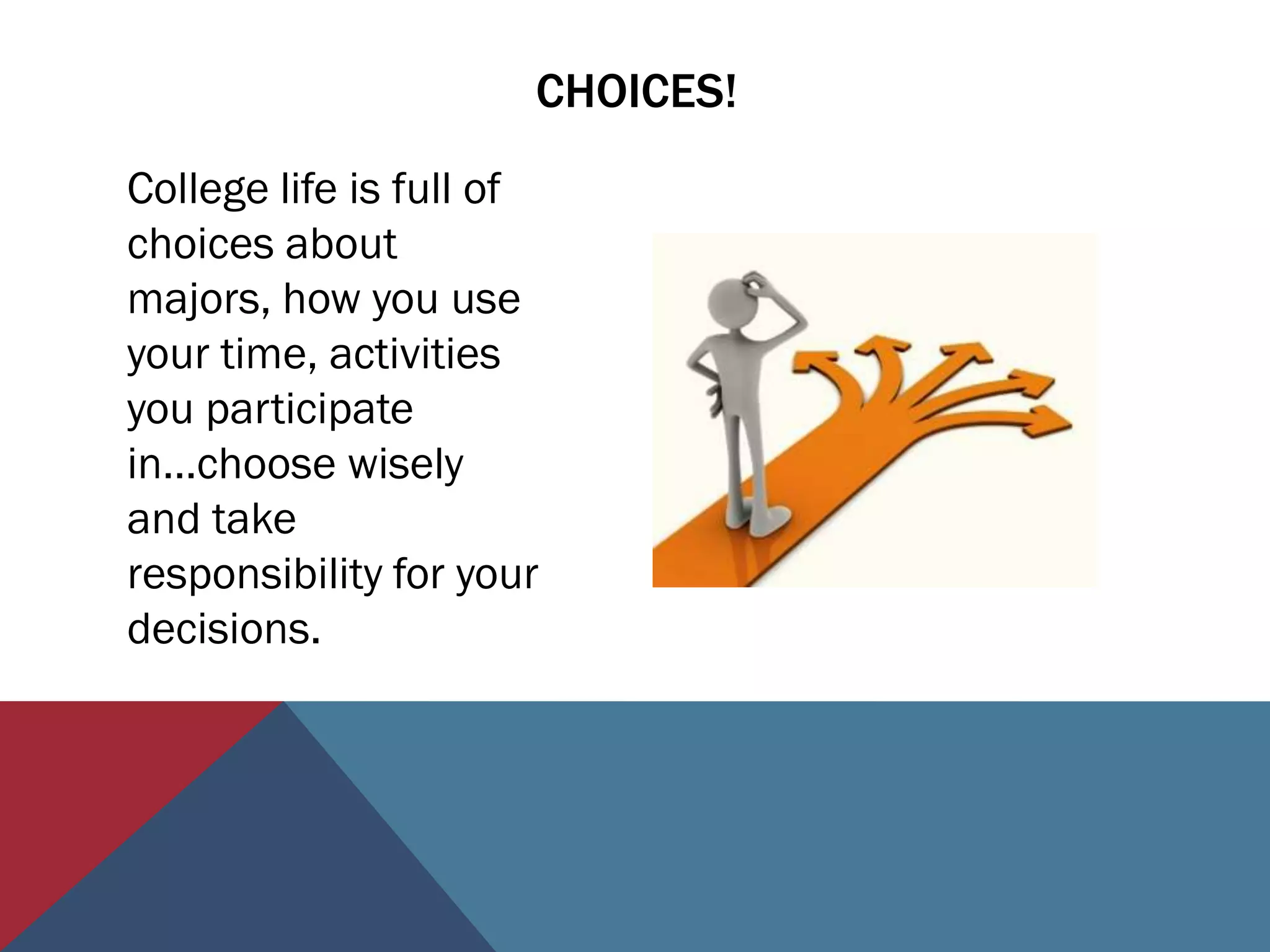 CHOICES!
College life is full of
choices about
majors, how you use
your time, activities
you participate
in…choose wisely
and take
responsibility for your
decisions.
 