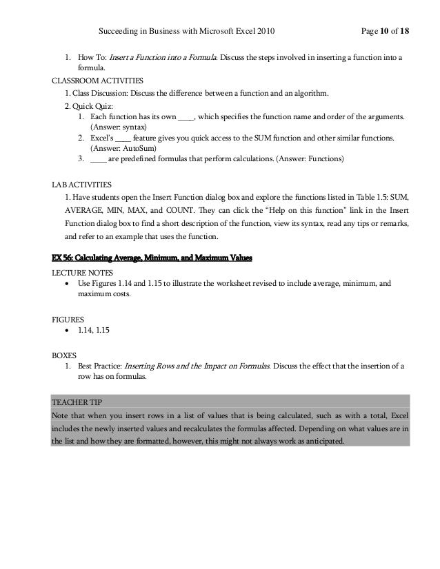 Succeeding In Business With Microsoft Excel 2010 A Problem Solving Ap