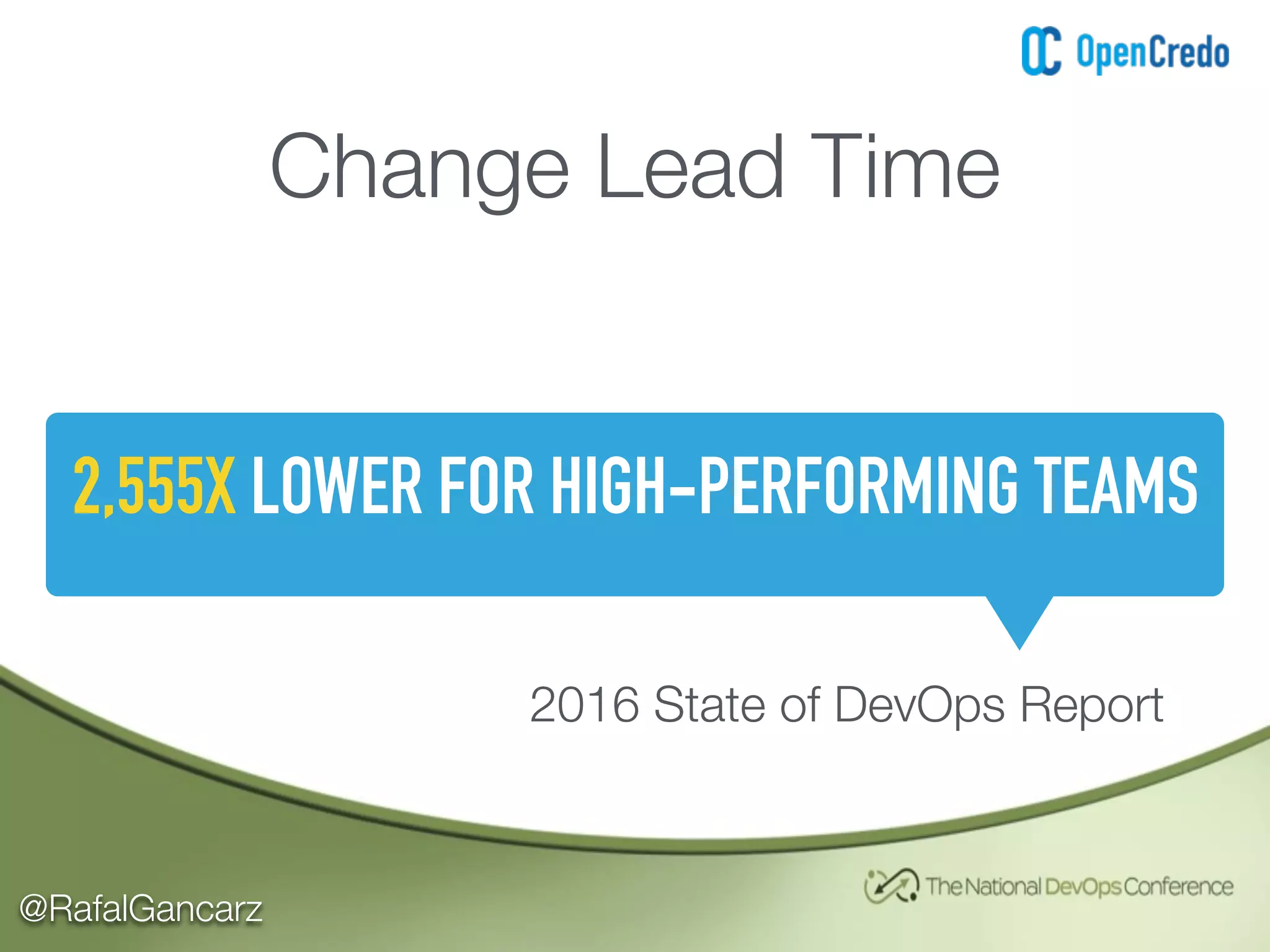 @RafalGancarz
Change Lead Time
2,555X LOWER FOR HIGH-PERFORMING TEAMS
2016 State of DevOps Report
 