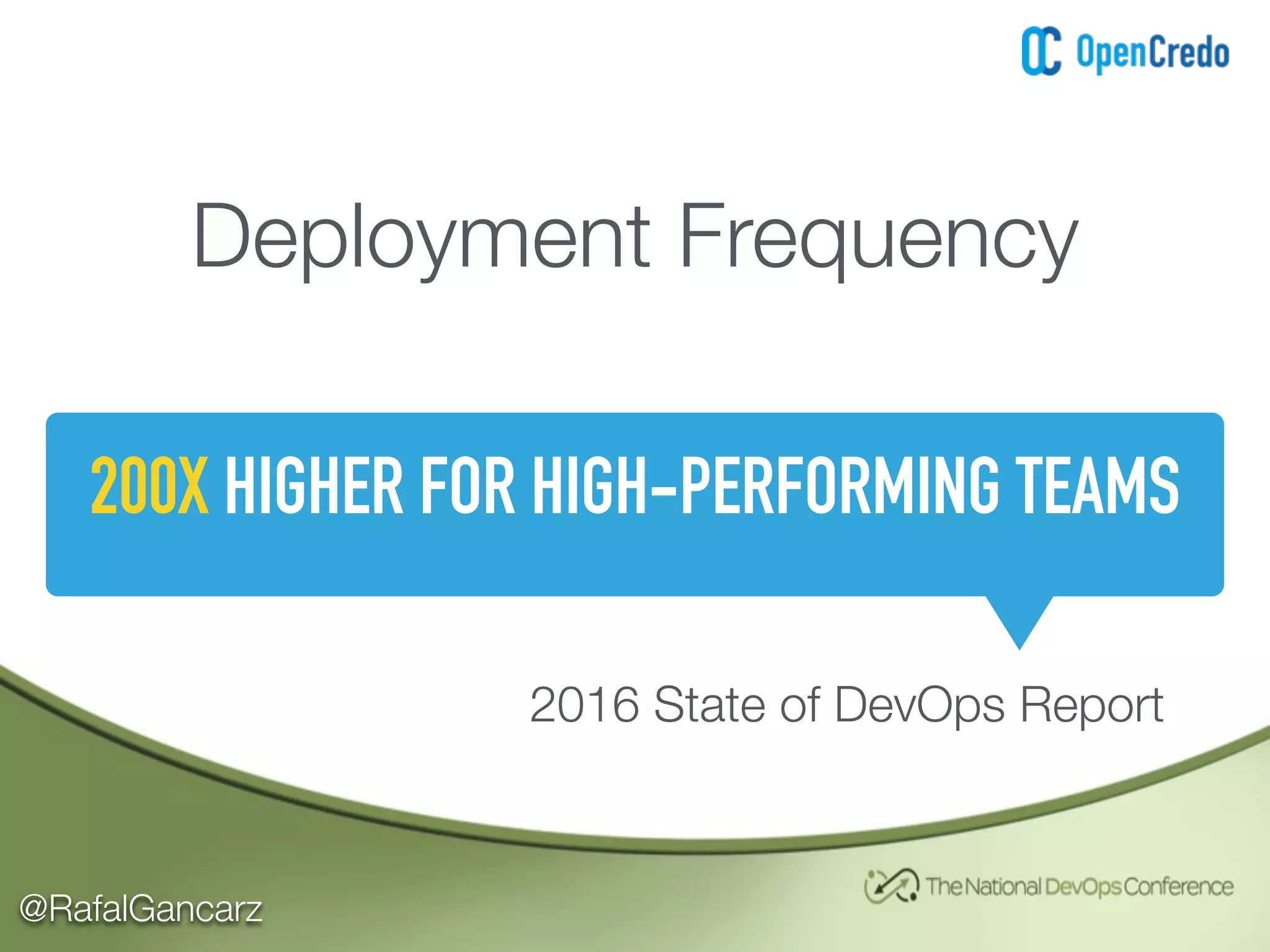 @RafalGancarz
Deployment Frequency
200X HIGHER FOR HIGH-PERFORMING TEAMS
2016 State of DevOps Report
 