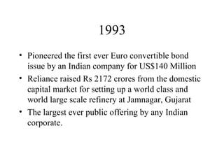 1993 Pioneered the first ever Euro convertible bond issue by an Indian company for US$140 Million Reliance raised Rs 2172 crores from the domestic capital market for setting up a world class and world large scale refinery at Jamnagar, Gujarat The largest ever public offering by any Indian corporate. 