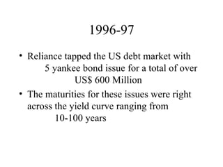 1996-97 Reliance tapped the US debt market with  5 yankee bond issue for a total of over  US$ 600 Million The maturities for these issues were right across the yield curve ranging from  10-100 years 