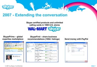 2007 - Extending the conversation SkypeFind – share business recommendations (100k+ listings) SkypePrime – global expertise marketplace Send money with PayPal Skype certified products and unlimited calling cards in 1800 U.S. stores 