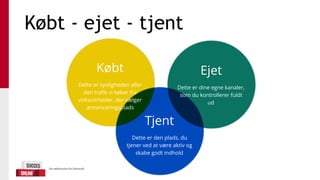 Købt - ejet - tjent
Købt
Dette er synligheden eller
den trafik vi køber fra
virksomheder, der sælger
annonceringsplads
Ejet
Dette er dine egne kanaler,
som du kontrollerer fuldt
ud
Tjent
Dette er den plads, du
tjener ved at være aktiv og
skabe godt indhold
 
