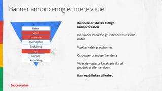 Banner annoncering er mere visuel
Bannere er stærke tidligt i
købsprocessen
De skaber interesse grundet deres visuelle
natur
Vækker følelser og humør
Opbygger brand genkendelse
Viser de vigtigste karakteristika af
produktet eller servicen
Kan også linkes til købet
Behov
Viden
Interesse
Overvejelse
Beslutning
Køb
Genkøb
Anbefaling
 