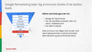 Google Remarketing lader dig annoncere direkte til de bedste
leads
Målret mod forbrugere der har
• Besøgt din hjemmeside
• Har set specifikke produkter eller har
været i indkøbskurven
• Har købt fra dig før
Skab annoncer som følger dine kunder med
størst købspotentiale rundt på internettet.
Med relevante og personificerede tilbud.
Behov
Viden
Interesse
Overvejelse
Beslutning
Køb
Genkøb
Anbefaling
 