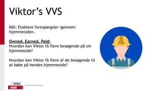 Viktor’s VVS
Mål: Etablere forespørgsler igennem
hjemmesiden.
Owned, Earned, Paid:
Hvordan kan Viktor få flere besøgende på sin
hjemmeside?
Hvordan kan Viktor få flere af de besøgende til
at købe på hendes hjemmeside?
 