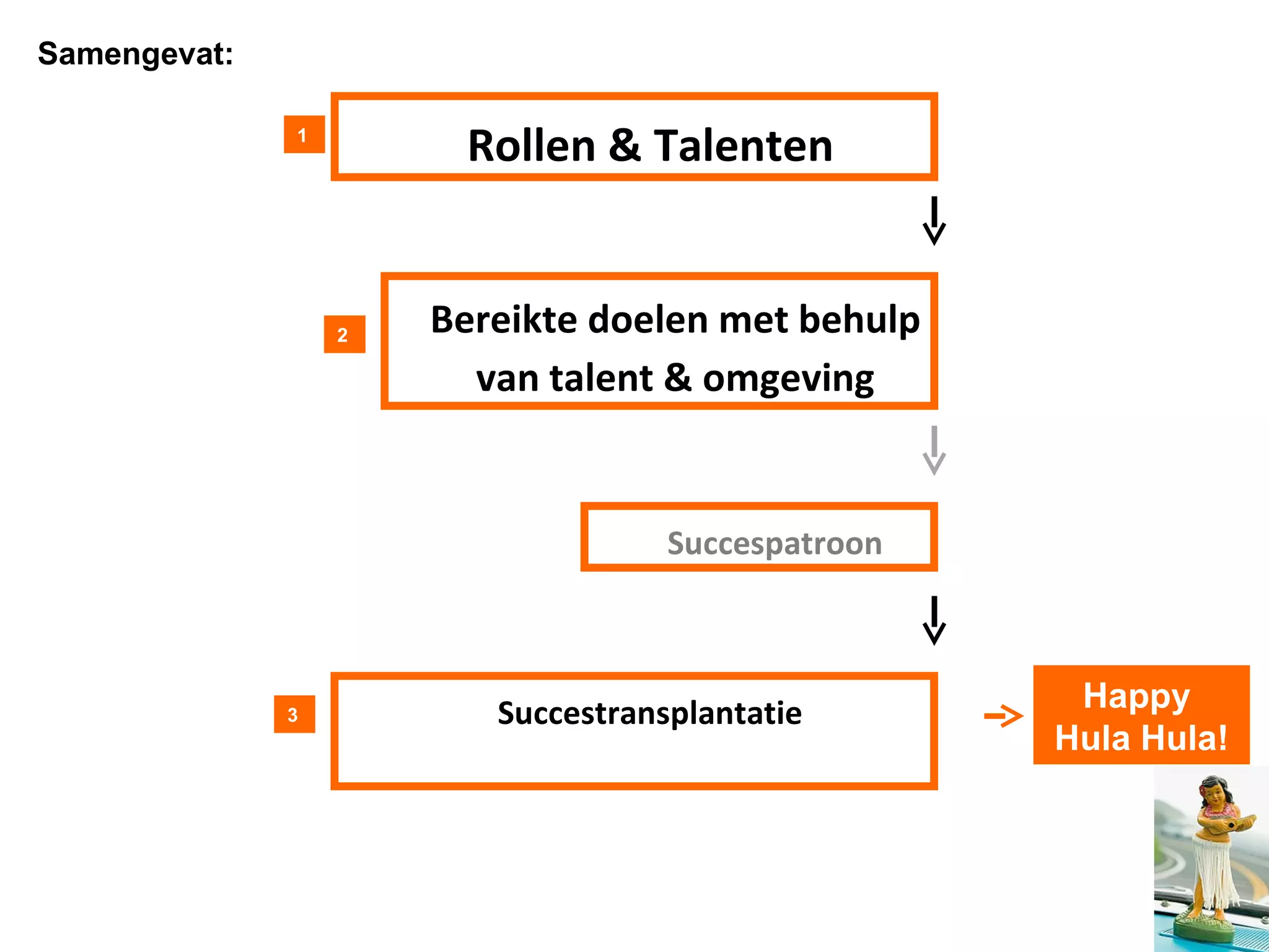 Samengevat:
                         Stap 1: een helder en feel good doel
              1
                       Rollen & Talenten


                  2   Bereikte doelen met behulp
                        van talent & omgeving


                                    Succespatroon



              3          Succestransplantatie        Happy
                                                    Hula Hula!
 